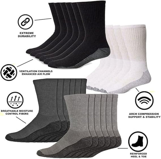 Molten Creek®  20 Pairs Men's Industrial Crew Boot Work Socks Cushioned Heavy Duty Reinforced Heel & Toe UK 6-11