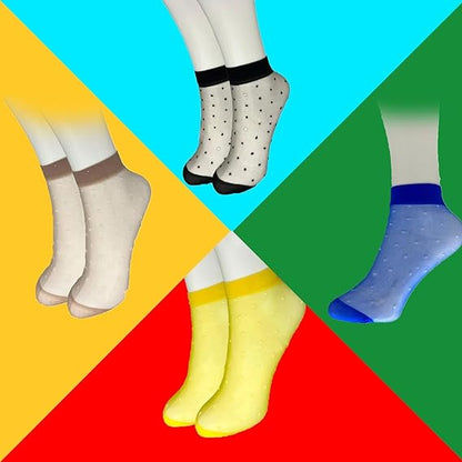 Molten Creek® Women Lace Sheer Socks, Invisible Transparent Mesh Ankle Socks, Colourful Polka Dots, Low Cut, Breathable & Lightweight, For Summer, 5 Pair Molten Creek