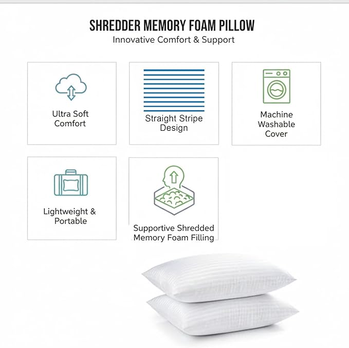 Molten Creek® Shredder Memory Foam Pillow, Stripe Design, Ultra Soft And Warm, Modern And Sleek, Portable And Lightweight, Easy To Store, Machine Wash, Pack Of 2 Molten Creek