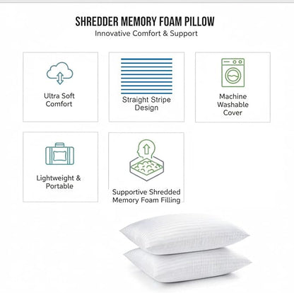 Molten Creek® Shredder Memory Foam Pillow, Stripe Design, Ultra Soft And Warm, Modern And Sleek, Portable And Lightweight, Easy To Store, Machine Wash, Pack Of 2 Molten Creek