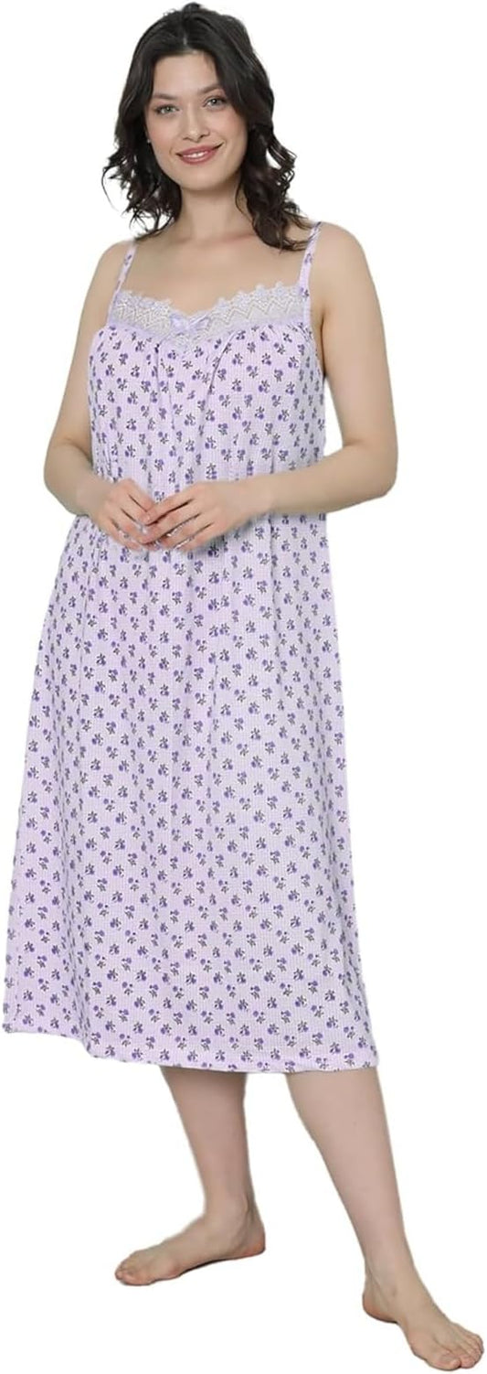 Women's Sleeveless Nightwear, 100% Cotton, Butterfly Flowers Printed, Midi Length with Straight Hemline, Soft and Comfortable, Sleep Loungewear