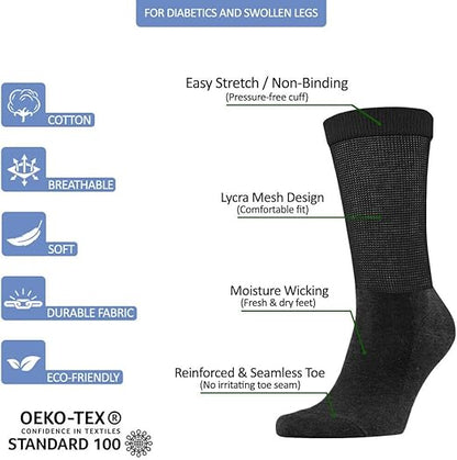 Molten Creek® 6 Pairs Mens Womens Non Elastic Diabetic Socks Loose Top Wide Soft Grip Crew Socks for Swollen Feet -Adults Black