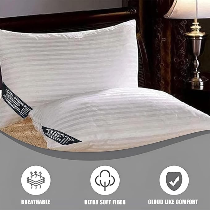 Molten Creek® Ultra Soft Stripe Pillows, Premium Quality Standard, Anti-Allergic, 100% Virgin Hollow Fibre Filling, Bounce Back Bed Pillows, Breathable, White. Molten Creek