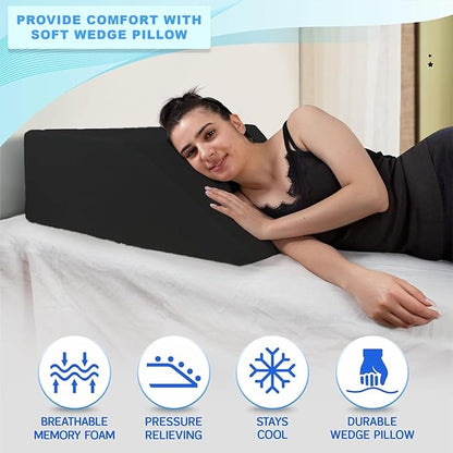 Molten Creek® Leg Elevation Pillow, Leg Rest Wedge Pillow, Memory Foam with Quilted Washable Cover, For Post Surgery Bed Rest, Swelling Relief, Blood Circulation (Black) Molten Creek