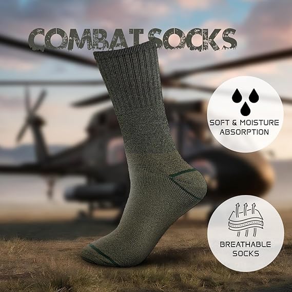 Molten Creek® Men Combat Green Socks, Military Boot Thermal Socks, Comfortable and Lightweight, Casual & Workwear, Outdoor Socks, Regular, Loose Top, Adults, Pack of 6 Molten Creek