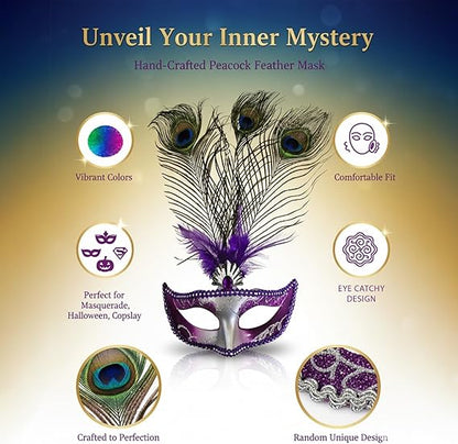 Molten Creek® Peacock Feather Eye Mask, Elegant & Eye Catching Design, Vibrant Colour, Perfect For Masquerade Balls, Halloween, Fancy Dress Parties, And Cosplay, Random Design Molten Creek