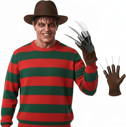 Molten Creek® Mens Halloween Fancy Costume Set, Hat With Glove Claw And Red/Green Jumper, Vibrant Colour, Breathable & Soft Material, Lightweight, Perfect For Halloween, Theme Party Molten Creek