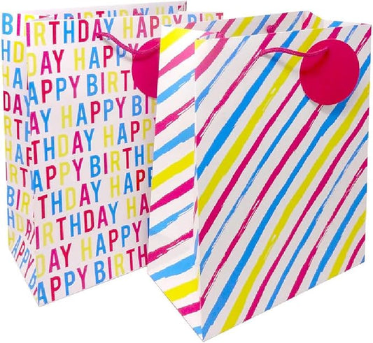 Molten Creek® Home Pink and Striped Large Gift Bags, Charming Pink and Striped Pattern, Comfortable and Secure Grip, Personalized Heartfelt Message on Tags, (Pack of 12)