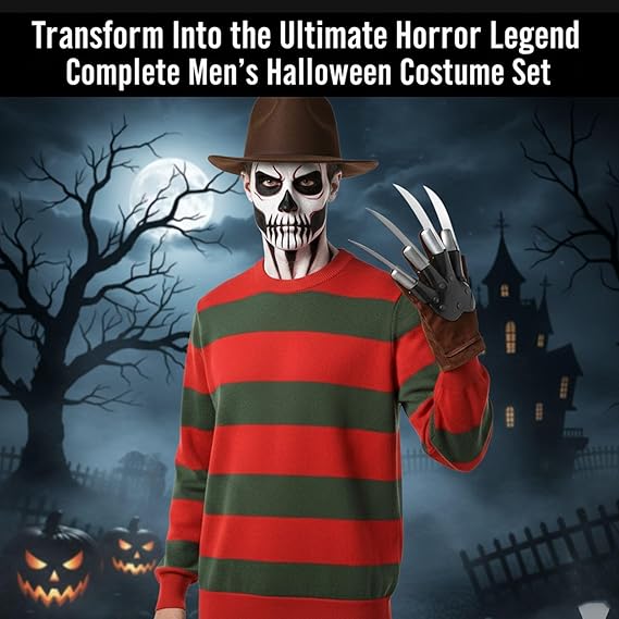 Molten Creek® Mens Halloween Fancy Costume Set, Hat With Glove Claw And Red/Green Jumper, Vibrant Colour, Breathable & Soft Material, Lightweight, Perfect For Halloween, Theme Party Molten Creek