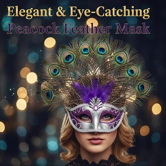 Molten Creek® Peacock Feather Eye Mask, Elegant & Eye Catching Design, Vibrant Colour, Perfect For Masquerade Balls, Halloween, Fancy Dress Parties, And Cosplay, Random Design Molten Creek
