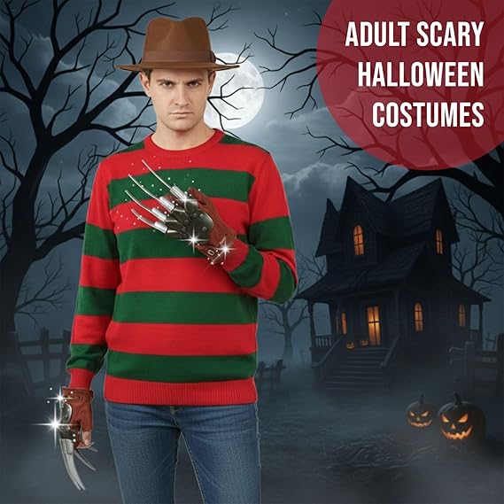 Molten Creek® Mens Halloween Fancy Costume Set, Hat With Glove Claw And Red/Green Jumper, Vibrant Colour, Breathable & Soft Material, Lightweight, Perfect For Halloween, Theme Party Molten Creek