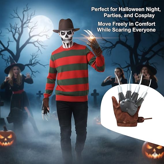 Molten Creek® Mens Halloween Fancy Costume Set, Hat With Glove Claw And Red/Green Jumper, Vibrant Colour, Breathable & Soft Material, Lightweight, Perfect For Halloween, Theme Party Molten Creek