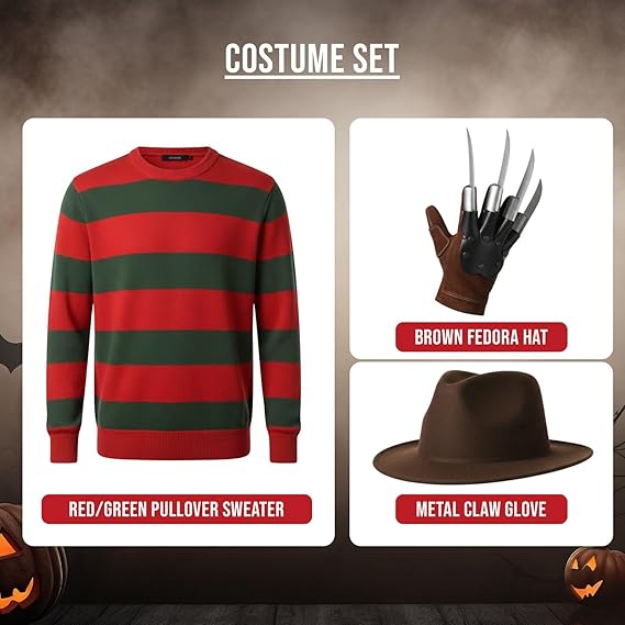 Molten Creek® Mens Halloween Fancy Costume Set, Hat With Glove Claw And Red/Green Jumper, Vibrant Colour, Breathable & Soft Material, Lightweight, Perfect For Halloween, Theme Party Molten Creek