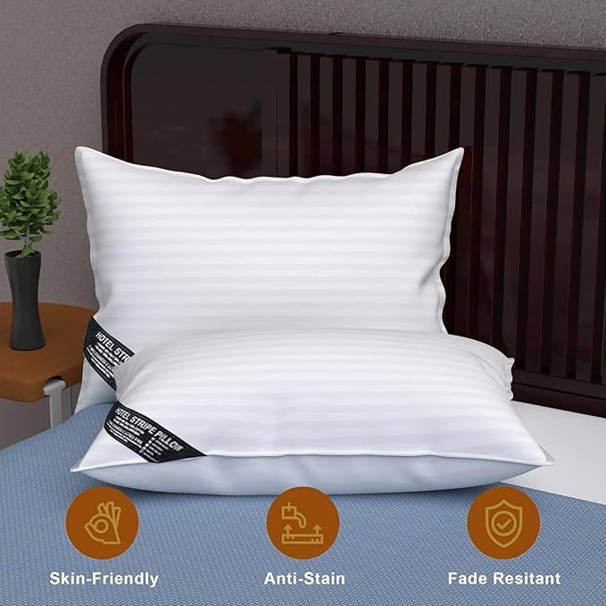 Molten Creek® Ultra Soft Stripe Pillows, Premium Quality Standard, Anti-Allergic, 100% Virgin Hollow Fibre Filling, Bounce Back Bed Pillows, Breathable, White. Molten Creek