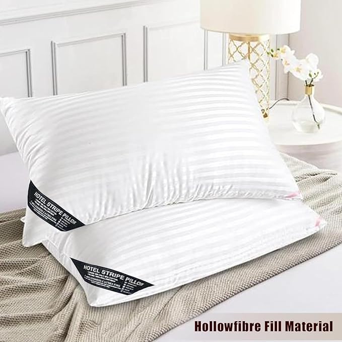 Molten Creek® Ultra Soft Stripe Pillows, Premium Quality Standard, Anti-Allergic, 100% Virgin Hollow Fibre Filling, Bounce Back Bed Pillows, Breathable, White. Molten Creek