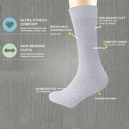 Molten Creek® 6 Pairs Men's Ribbed Diabetics Socks, 100% Pure Cotton, Non-Elastic, Soft Grip, Comfortable & Breathable, 6-11, 11-14 Bigfoot