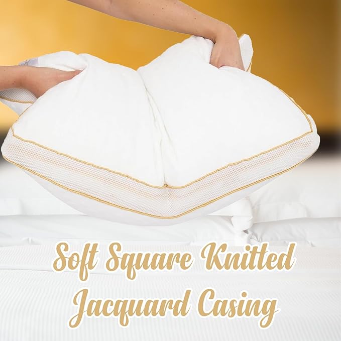 White soft square knitted jacquard casing held by a hand with a yellow background