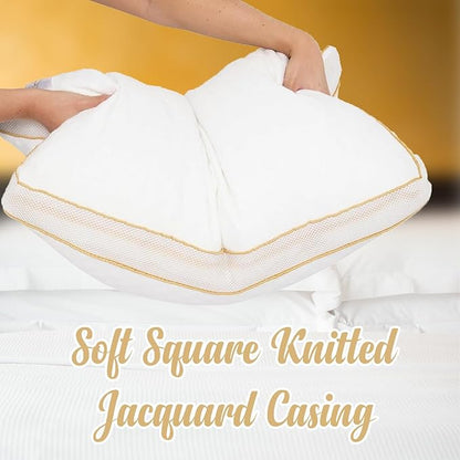 White soft square knitted jacquard casing held by a hand with a yellow background