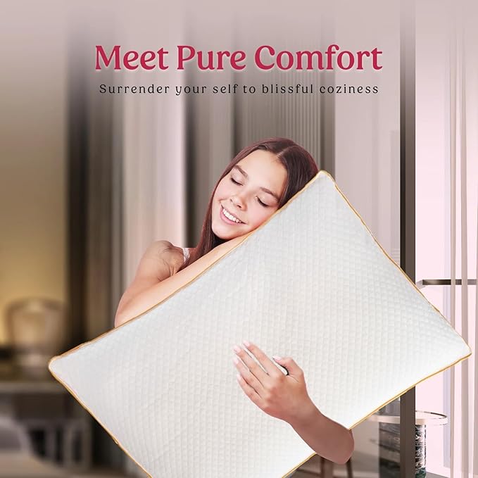 Woman holding a pillow with text 'Meet Pure Comfort' in a cozy indoor setting.