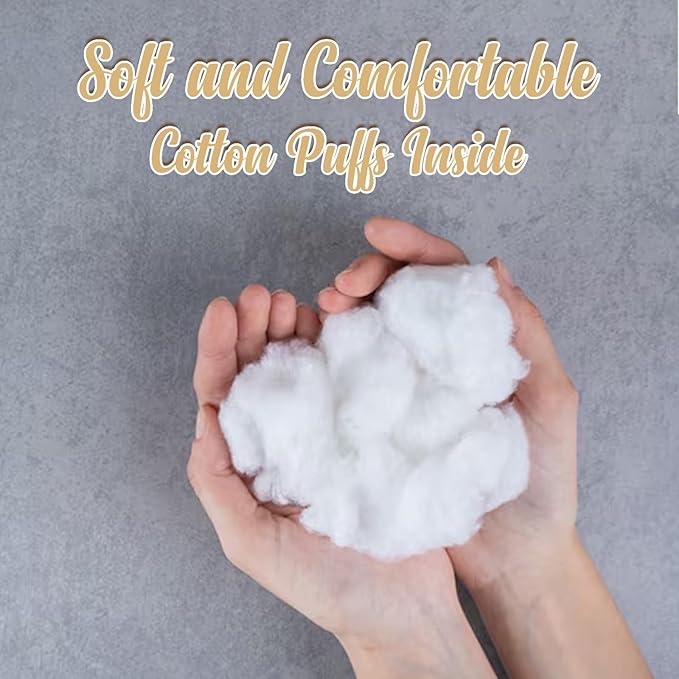 Hand holding cotton puffs with text 'Soft and Comfortable Cotton Puffs Inside' on a gray background