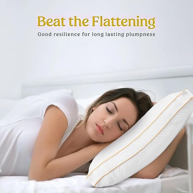 Woman sleeping on a pillow with text 'Beat the Flattening' and 'Good resilience for long lasting plumpness'.