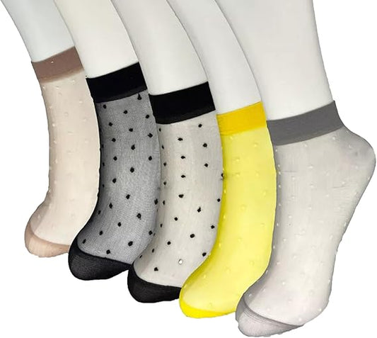 Molten Creek® Women Lace Sheer Socks, Invisible Transparent Mesh Ankle Socks, Colourful Polka Dots, Low Cut, Breathable & Lightweight, For Summer, 5 Pair Molten Creek