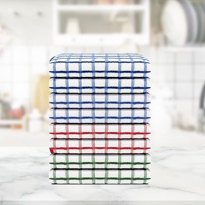 Stack Of Assorted Terry Tea Towel In Three Colors Blue, Red And Green With Kitchen Background