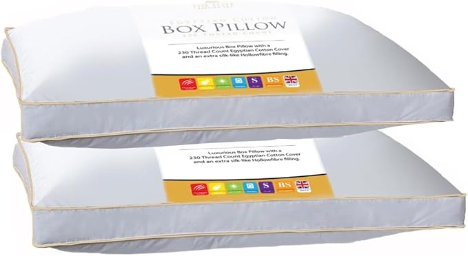 Two box pillows with a brand label on a white background