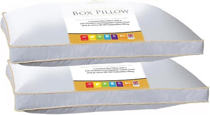 Two box pillows with a brand label on a white background