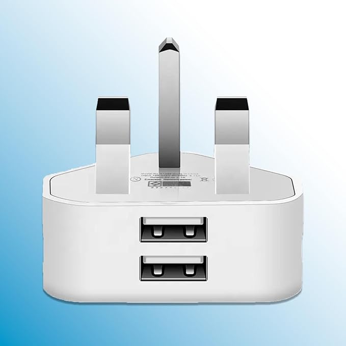 White USB charger with multiple ports on a blue gradient background