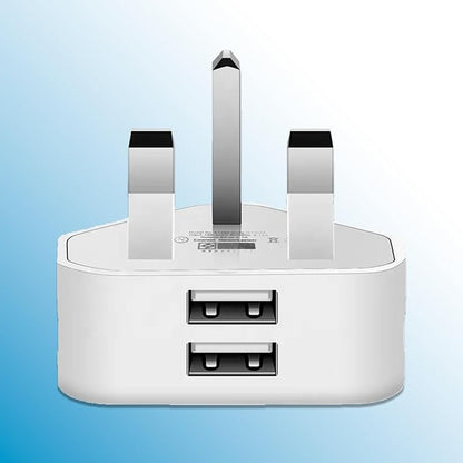 White USB charger with multiple ports on a blue gradient background