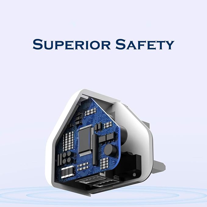 Electronic device with circuit board design on a light blue background, emphasizing 'Superior Safety'.