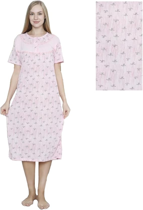 Woman wearing a pink nightgown with a subtle pattern, standing next to a folded version of the nightgown on a white background.