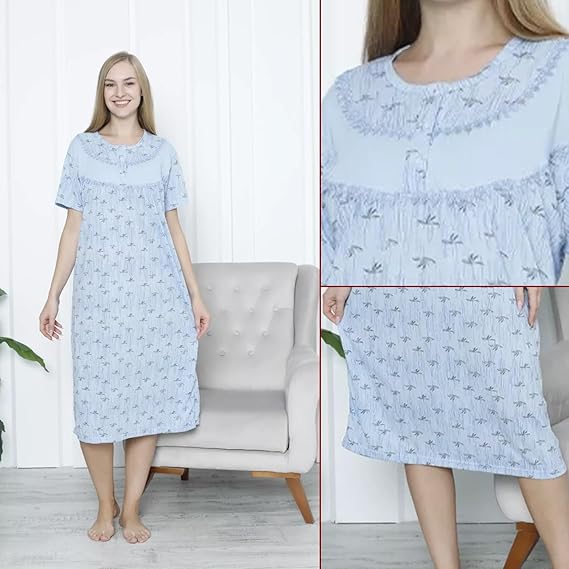Woman wearing a light blue floral nightgown in a room with a white wall and gray chair.