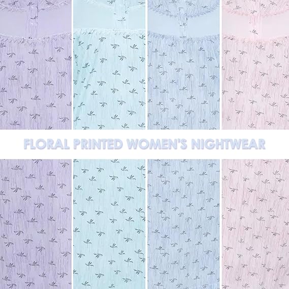 Grid of floral printed fabric swatches in pastel colors with text 'Floral Printed Women's Nightwear'.