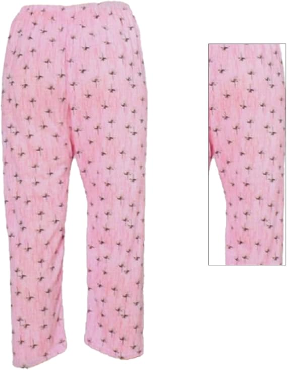 Pink pajama pants with a close-up inset on a white background