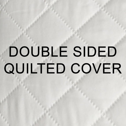 White double-sided quilted cover with text overlay