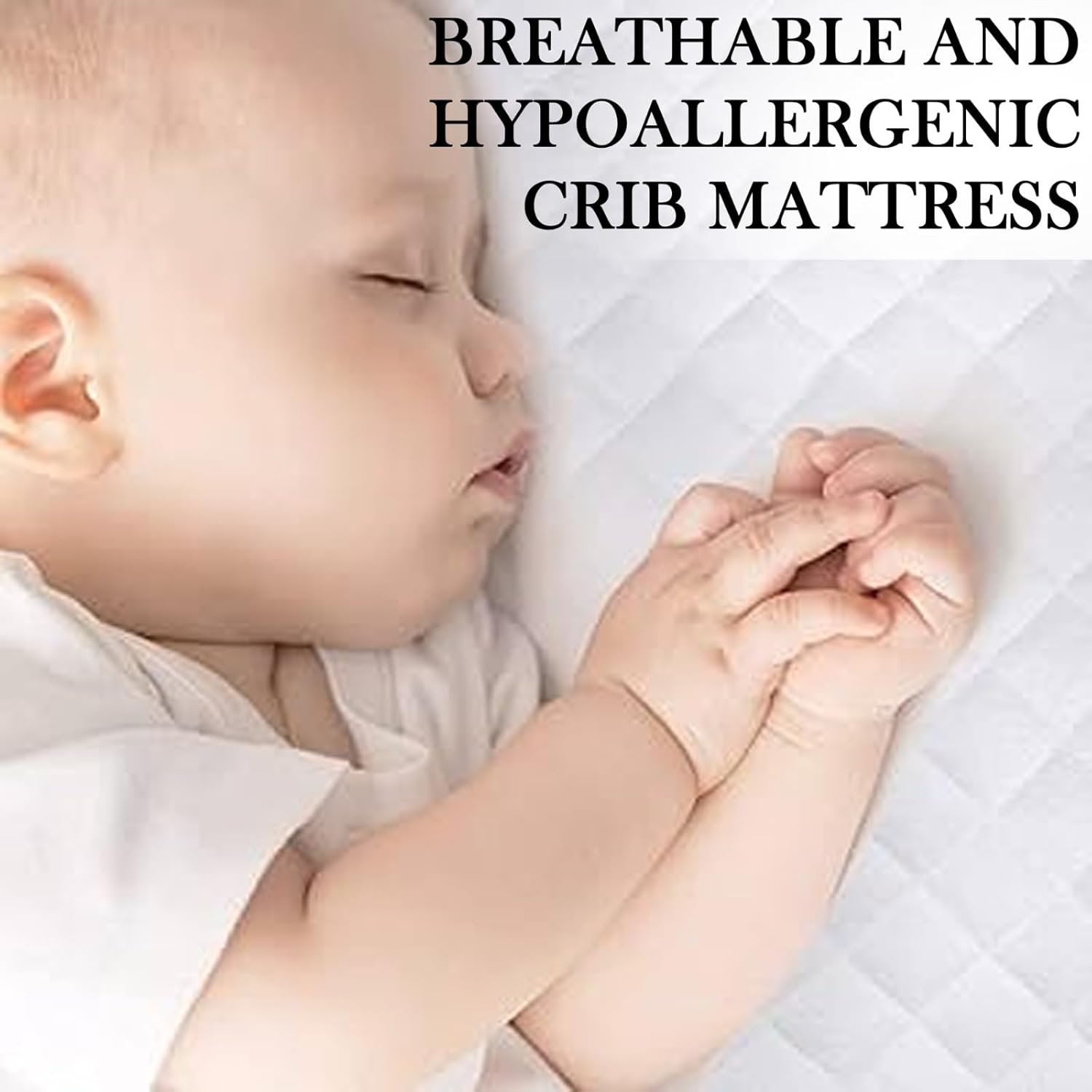 Baby sleeping peacefully on a crib mattress with text about breathable and hypoallergenic properties.