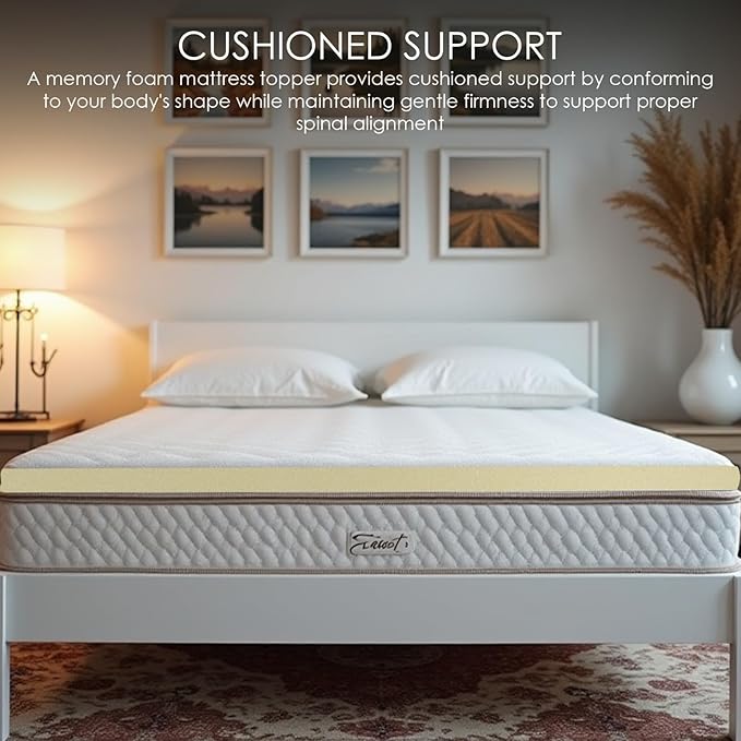 Memory foam mattress topper on a bed with decorative elements in the background