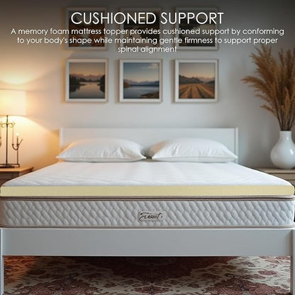 Memory foam mattress topper on a bed with decorative elements in the background