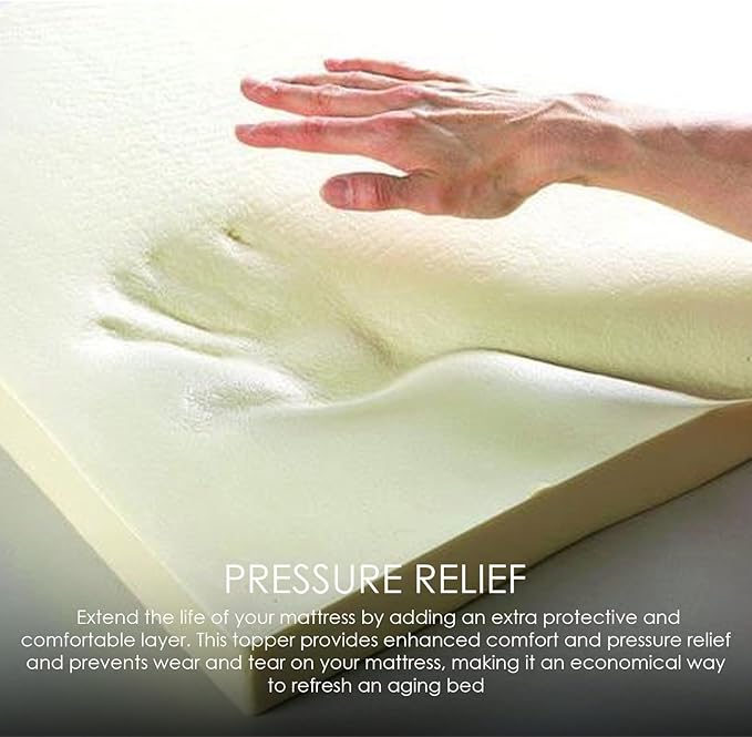 Mattress topper with hand touching it, emphasizing pressure relief and comfort.