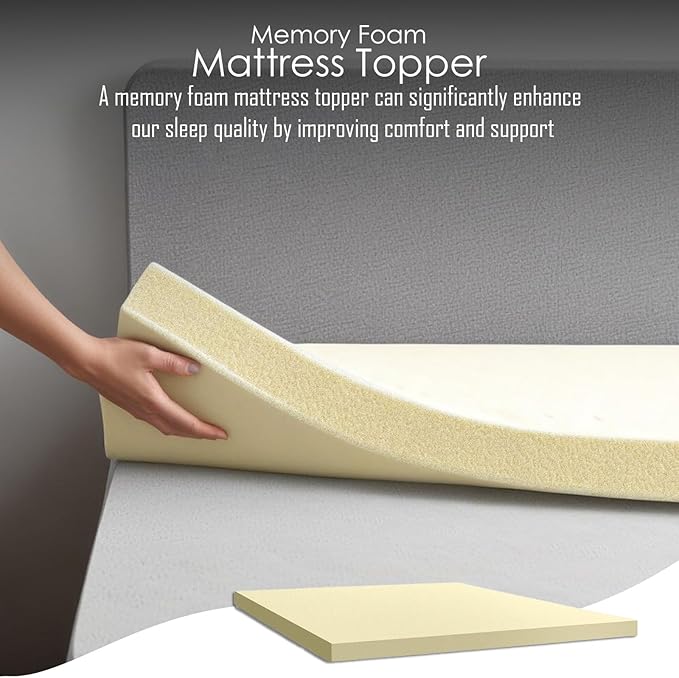 Memory foam mattress topper being placed on a bed with text about its benefits.
