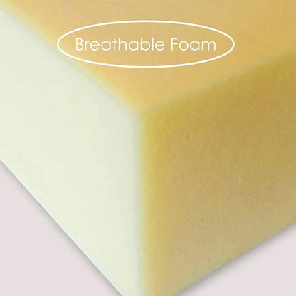 Close-up of breathable foam with a label on a light background