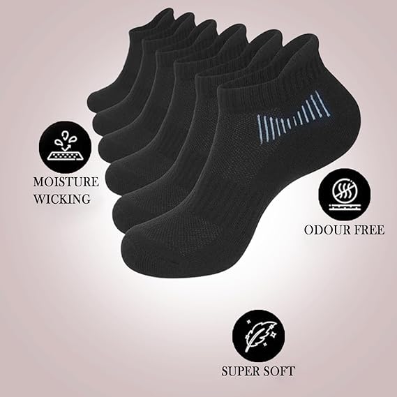 Set of black ankle socks with moisture wicking, odor free, and super soft features on a light pink background.
