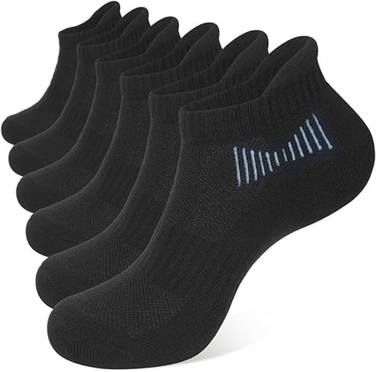 Set of black ankle socks with a blue logo on a white background