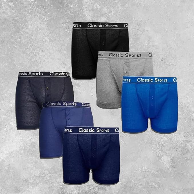 Set of men's boxer briefs in black, gray, blue, and navy on a textured gray background.
