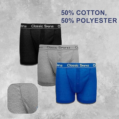 Three pairs of men's Cotton And Polyester boxer briefs in black, gray, and blue on a textured gray background with 'Classic Sports' branding.
