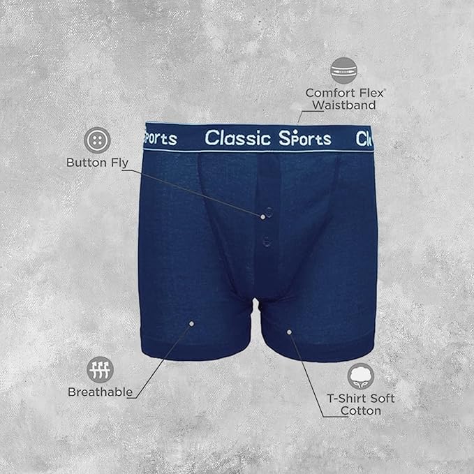 Blue Breathable boxer briefs with features highlighted on a gray background