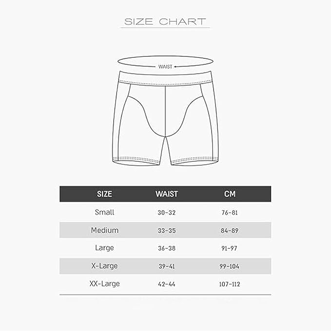 Size chart for men's underwear with waist measurements in both inches and centimeters.