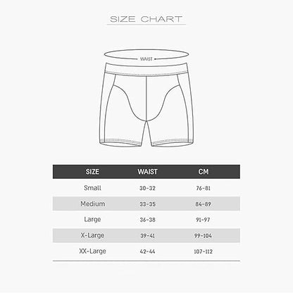 Size chart for men's underwear with waist measurements in both inches and centimeters.